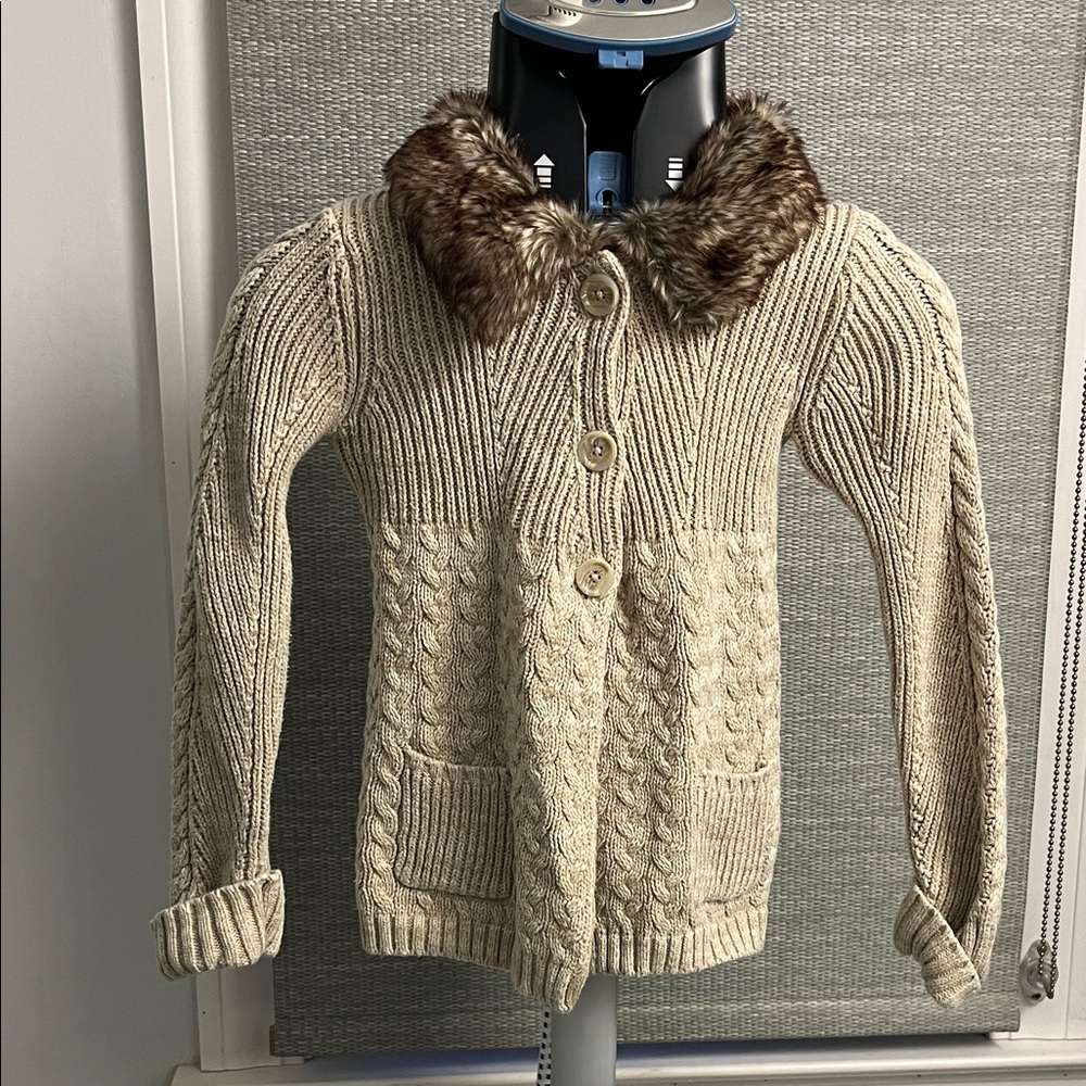 Max Studio Cream Knit Cardigan with Brown Faux Fur Collar for Girls